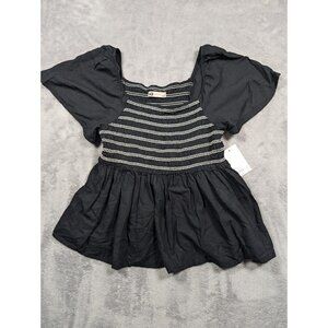 SO Blouse Womens Size Medium Black Smocked Babydoll Top Flare Stretch